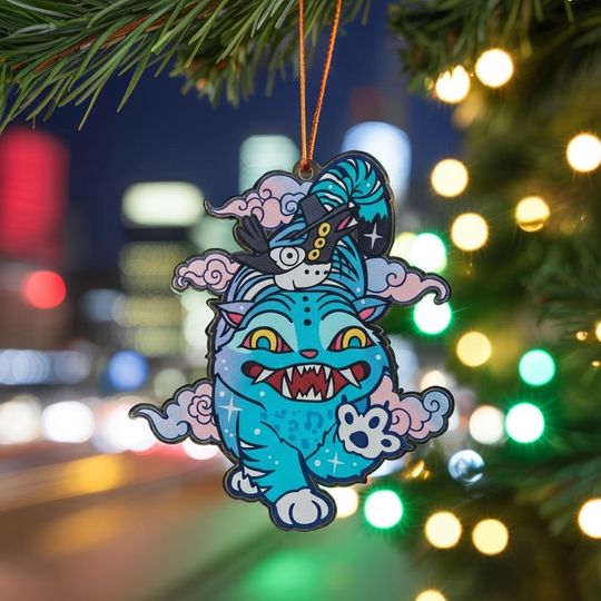 Derpy the Tiger And Bird Christmas Ornament, Demon Hunter Tiger Acrylic Ornament, Derpy Tiger and Sussie Bird Ornament, Demon Hunters Decor