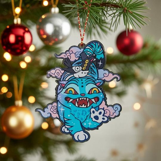 Derpy the Tiger And Bird Christmas Ornament, Demon Hunter Tiger Acrylic Ornament, Derpy Tiger and Sussie Bird Ornament, Demon Hunters Decor