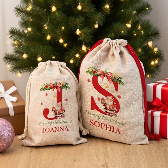 Personalised Christmas Santa Sack with Name & Initial, Jumbo Xmas Gift Bag, First Christmas Present Sack