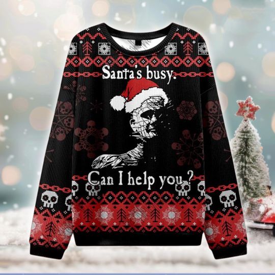 Pinhead Santa Ugly Christmas Sweater, Horror Xmas Jumper, Santas Busy Can I Help You, Hellraiser Holiday Sweatshirt, Gift for Fans