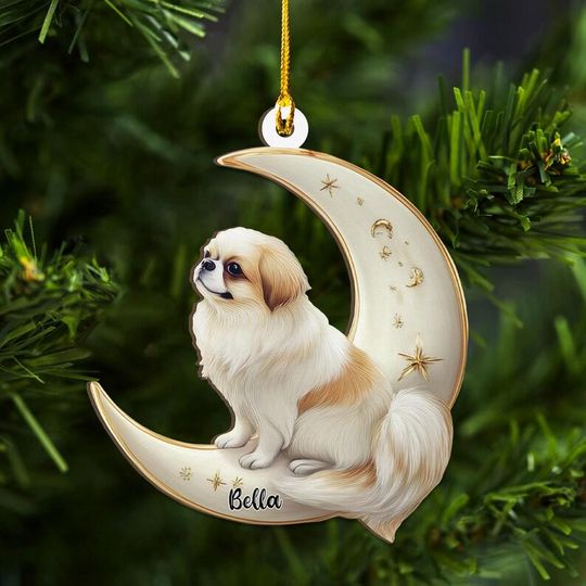 Personalized Japanese Chin Dog on Moon Ash Plywood Ornament Flat 2D Cutout Holiday Tree Decor Gift for Pet Lovers, Families, Puppy Keepsake