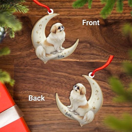 Personalized Japanese Chin Dog on Moon Ash Plywood Ornament Flat 2D Cutout Holiday Tree Decor Gift for Pet Lovers, Families, Puppy Keepsake
