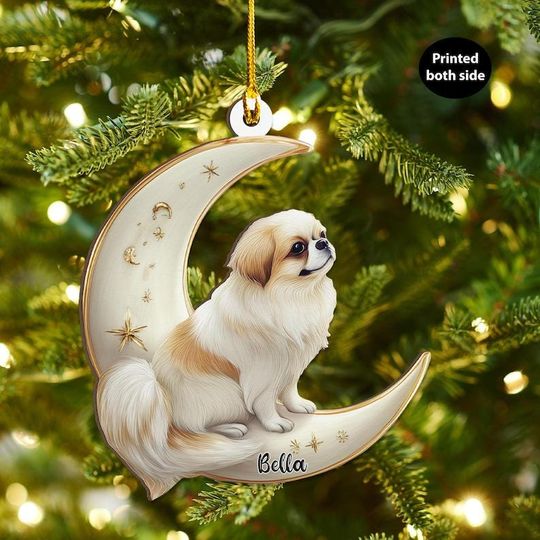 Personalized Japanese Chin Dog on Moon Ash Plywood Ornament Flat 2D Cutout Holiday Tree Decor Gift for Pet Lovers, Families, Puppy Keepsake