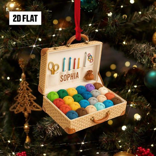 Personalized Crochet 2D Flat Ornament, Custom Yan Box Christmas Tree Ornament, Knitting Ornament, Crochet Lover Gift for Mom, Grandma