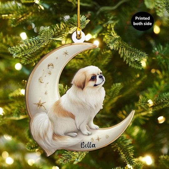 Personalized Japanese Chin Dog on Moon Ash Plywood Ornament Flat 2D Cutout Holiday Tree Decor Gift for Pet Lovers, Families, Puppy Keepsake