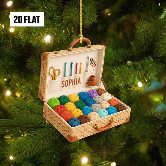 Personalized Crochet 2D Flat Ornament, Custom Yan Box Christmas Tree Ornament, Knitting Ornament, Crochet Lover Gift for Mom, Grandma