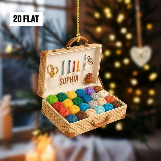 Personalized Crochet 2D Flat Ornament, Custom Yan Box Christmas Tree Ornament, Knitting Ornament, Crochet Lover Gift for Mom, Grandma