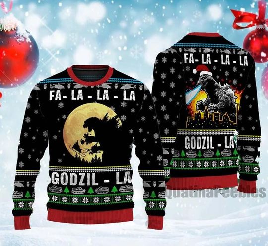 god zilla Ugly Christmas Sweater, Retro Vintage King of the Monsters Unisex Sweater, Funny Xmas Sweater for Family, Holiday Outfit Sweatshirt