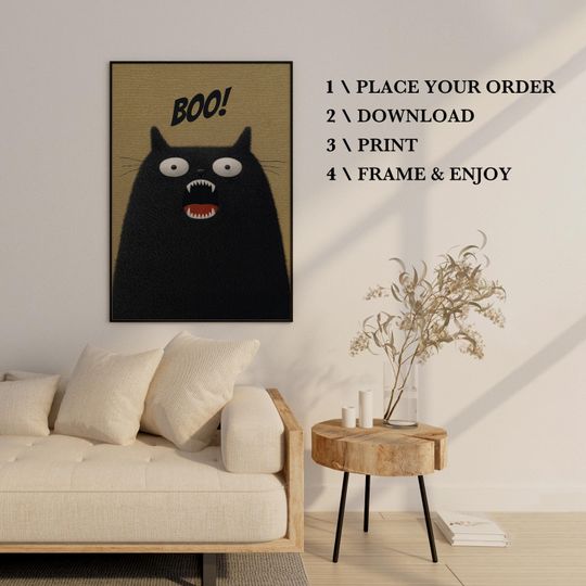 Boo! Funny Halloween Poster, Fuzzy Black Cat  Wall Art