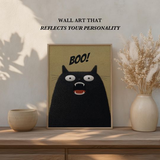 Boo! Funny Halloween Poster, Fuzzy Black Cat  Wall Art
