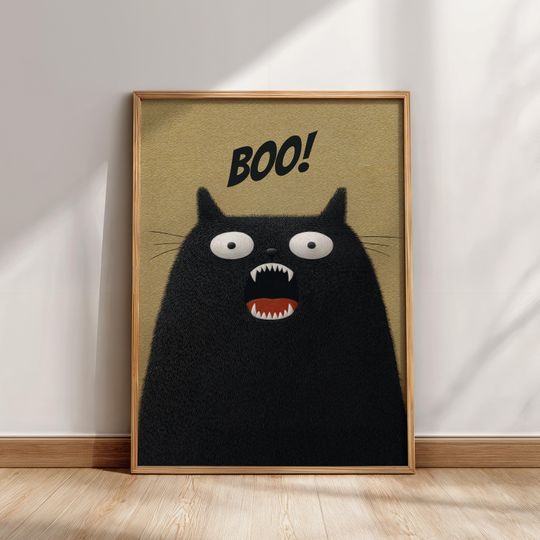 Boo! Funny Halloween Poster, Fuzzy Black Cat  Wall Art