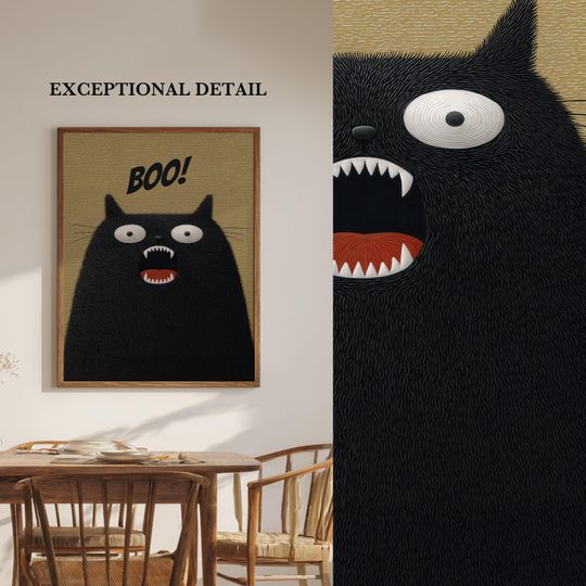 Boo! Funny Halloween Poster, Fuzzy Black Cat  Wall Art