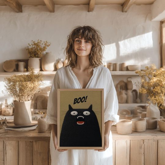Boo! Funny Halloween Poster, Fuzzy Black Cat  Wall Art