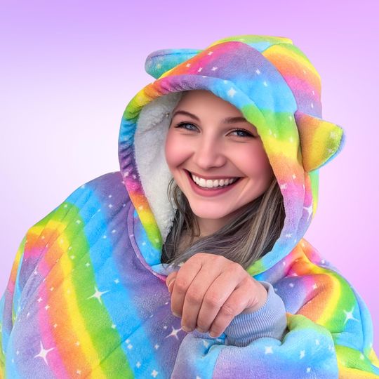 Rainbow Star Cat Ear  Hoodie Blanket