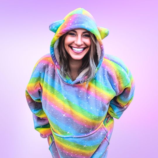 Rainbow Star Cat Ear  Hoodie Blanket