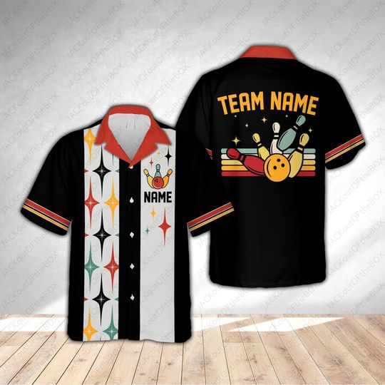 Personalized Retro Bowling Hawaiian Shirt, Custom Name And Team Name Bowling Button Down Shirt, Bowling Team Gift, Hawaiian Shirt For Bowler