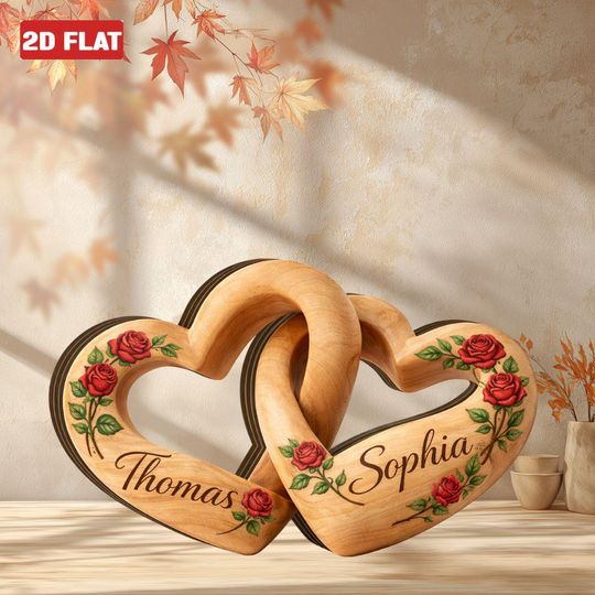 Personalized Wooden Heart Couple Decor, Couple Infinity Heart Wood Block Sign, Romantic Couple Keepsake Plaque 2D FLAT, Anniversary Gift Her