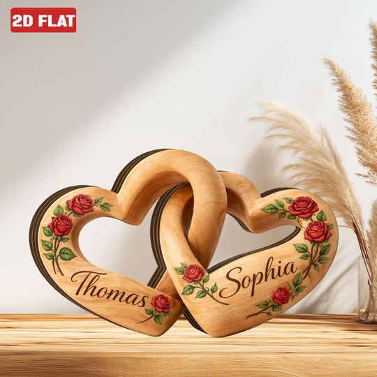 Personalized Wooden Heart Couple Decor, Couple Infinity Heart Wood Block Sign, Romantic Couple Keepsake Plaque 2D FLAT, Anniversary Gift Her