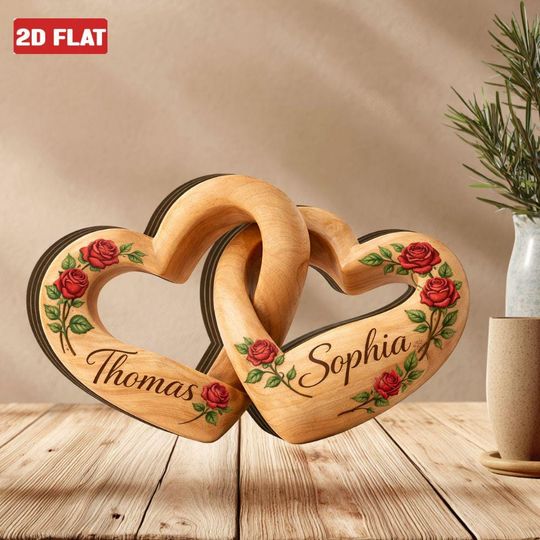 Personalized Wooden Heart Couple Decor, Couple Infinity Heart Wood Block Sign, Romantic Couple Keepsake Plaque 2D FLAT, Anniversary Gift Her