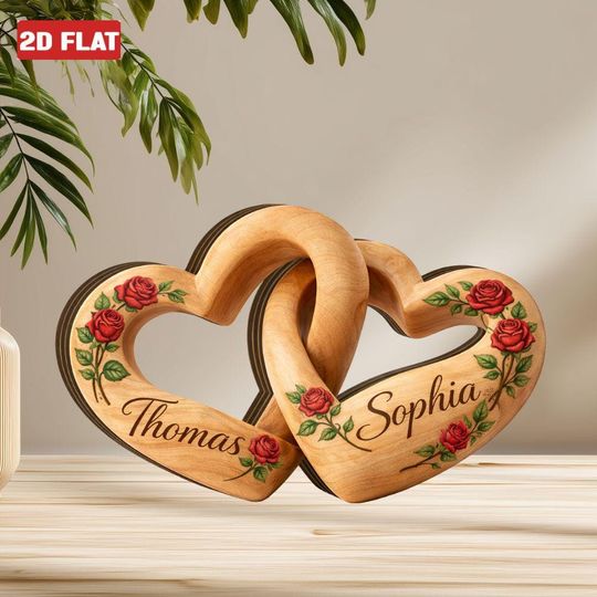 Personalized Wooden Heart Couple Decor, Couple Infinity Heart Wood Block Sign, Romantic Couple Keepsake Plaque 2D FLAT, Anniversary Gift Her