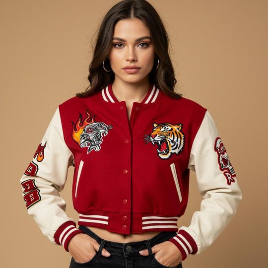Printed Cropped Varsity Jacket