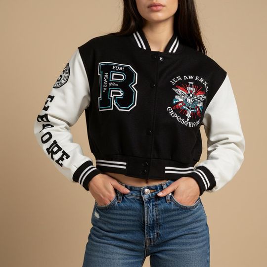 Womens Cropped Varsity Jacket  Letterman Crop Top with Printed