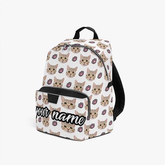 Custom Name Cat Icon PU Leather Backpack, Personalized Faux Leather Bag with Cat Graphic Name for Women & Girls