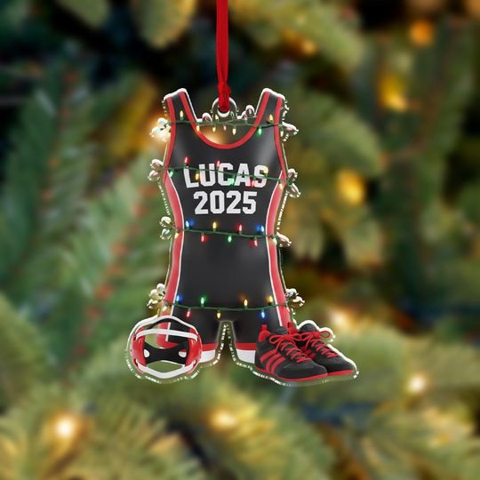 Personalized Acrylic Ornament  Custom Name Wrestling Singlet with Shoes & Headgear Scene