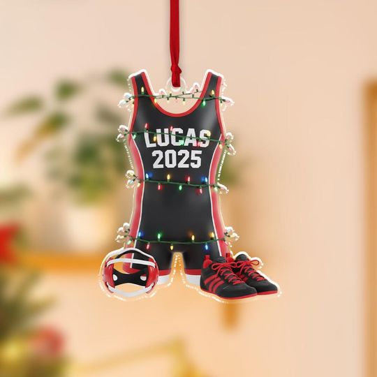 Personalized Acrylic Ornament  Custom Name Wrestling Singlet with Shoes & Headgear Scene