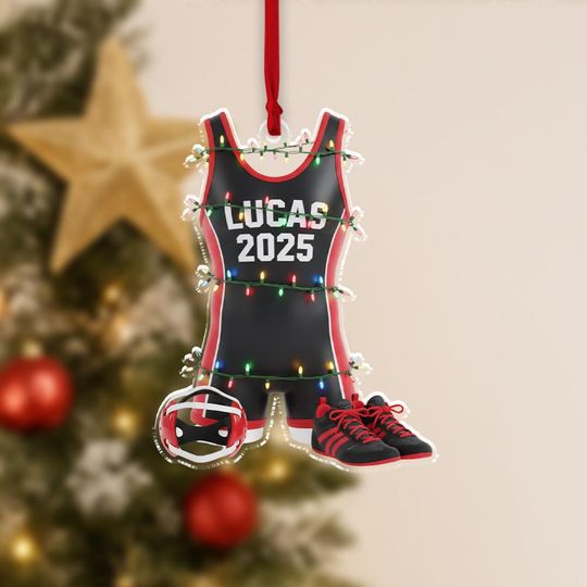 Personalized Acrylic Ornament  Custom Name Wrestling Singlet with Shoes & Headgear Scene