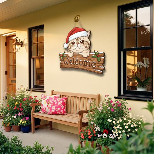 Exotic Shorthair Cat Christmas Welcome Wooden Sign Holiday Decor