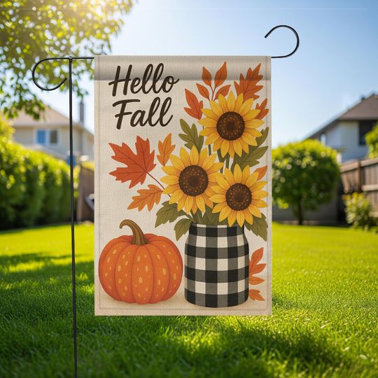 Hello Fall Garden Flag: Sunflower Pumpkin Buffalo Plaid Decor