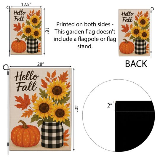 Hello Fall Garden Flag: Sunflower Pumpkin Buffalo Plaid Decor