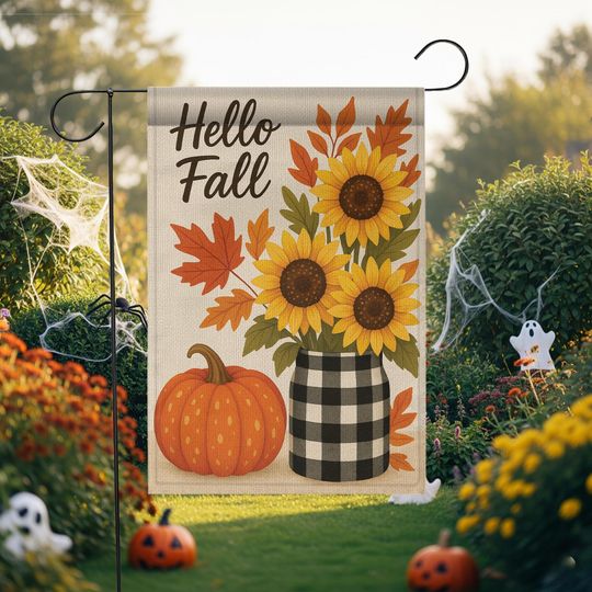Hello Fall Garden Flag: Sunflower Pumpkin Buffalo Plaid Decor