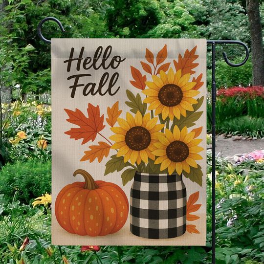 Hello Fall Garden Flag: Sunflower Pumpkin Buffalo Plaid Decor