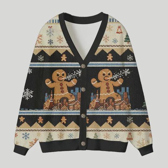 Gingerbread Monster Ugly Cardigan Sweater, Funny Gingerbread Xmas Sweater, Festive Winter Outfit for Men Women