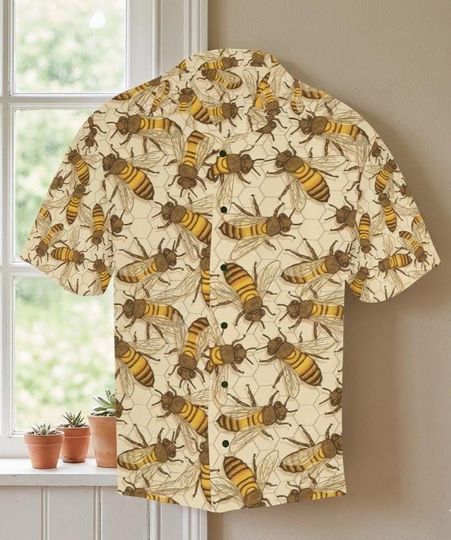 Bee 3D Pattern Hawaiian Shirt for Men, Bee Keeper Button-down, Summer Beach Outfit
