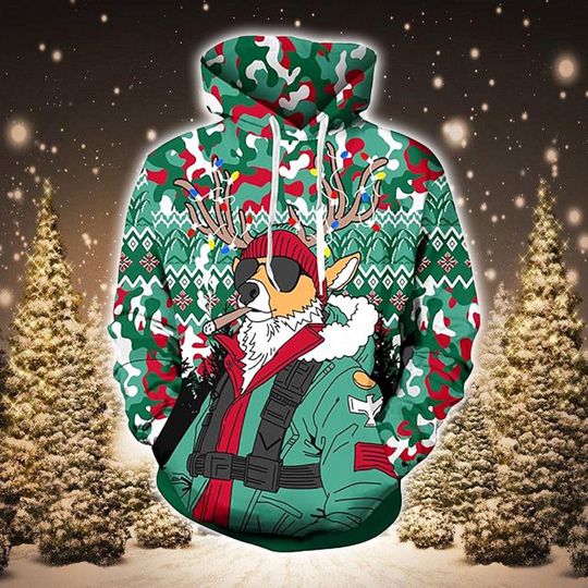 Christmas Hoodie Funny Holiday Sweatshirt with Cool Reindeer Pilot Design and Festive Camo Pattern, Bold Winter Gift for Him Her