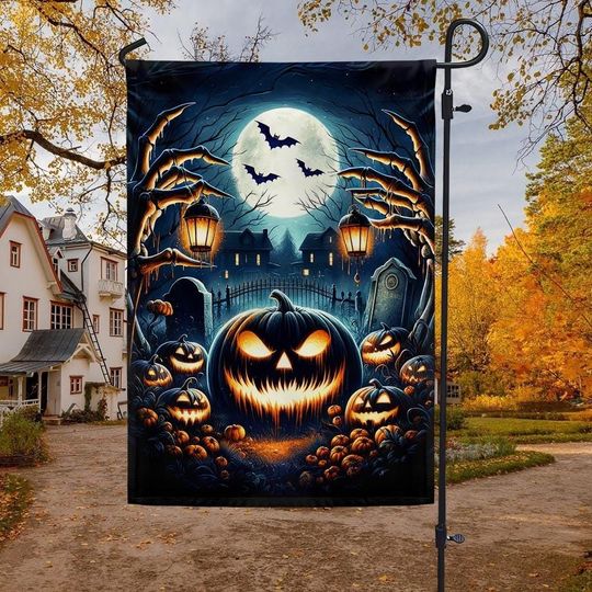 Halloween Jack O Lantern Flag, Spooky Pumpkin Garden Flag