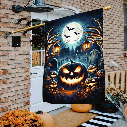 Halloween Jack O Lantern Flag, Spooky Pumpkin Garden Flag