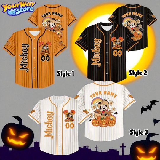 Custom Mickey Pumpkin Halloween Baseball Jersey, Disney Spooky Fall Shirt for Adults & Kids, Trick or Treat Disney Outfit