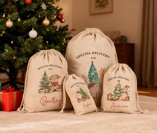 Personalized Santa Sacks, Christmas Stocking, Christmas Sacks With Name & Initial, Christmas Eve Gift Bag, Add Name Large Letter