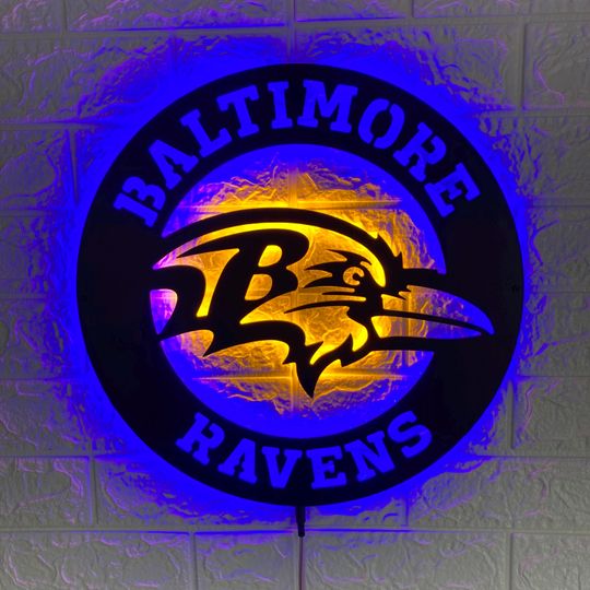 Baltimore Ravens LED Wall Sign: Black Composite Illuminated Sports Team Logo