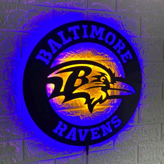 Baltimore Ravens LED Wall Sign: Black Composite Illuminated Sports Team Logo