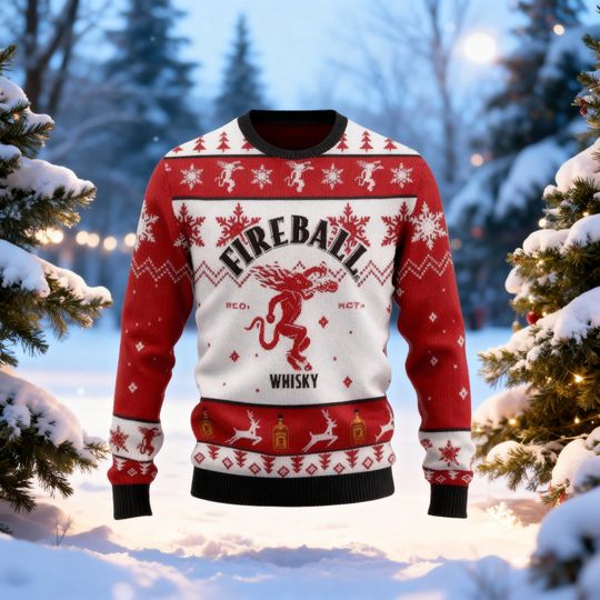 Personalized Name Cinnamon Whiskey Ugly Christmas Sweater, Spicy Demon Jumper, Red Hot Alcohol Holiday Gift, Fire Whiskey Party Sweatshirt