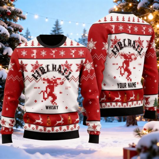 Personalized Name Cinnamon Whiskey Ugly Christmas Sweater, Spicy Demon Jumper, Red Hot Alcohol Holiday Gift, Fire Whiskey Party Sweatshirt