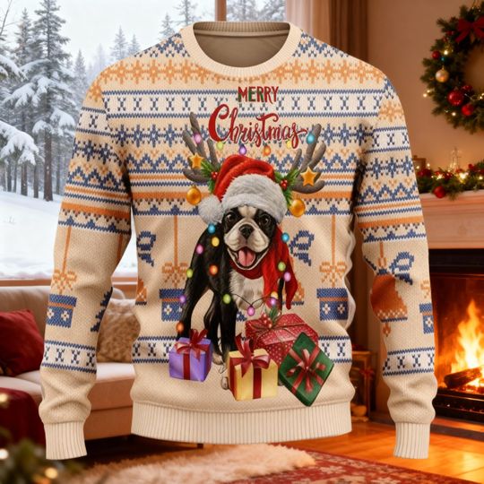 Boston Terrier Christmas Ugly Sweater, Boston Terrier Lover Sweater, Christmas Outfit, Bostie Owner Gift, Matching Family Christmas Sweater