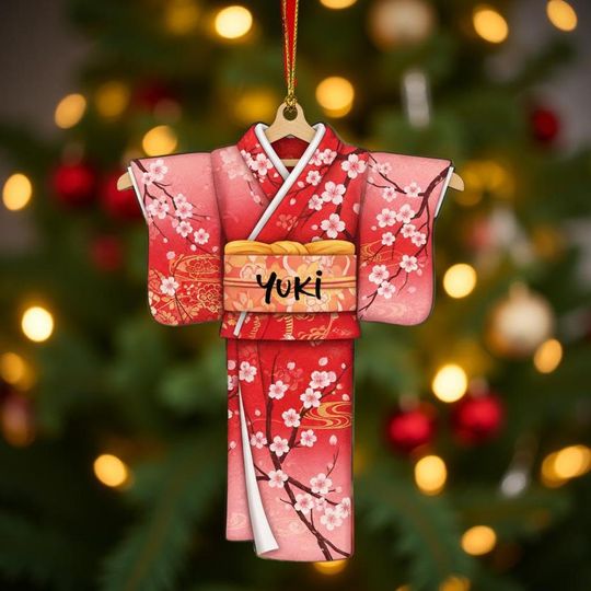 Custom Name Japanese Kimono Ornament, Christmas Tree Hanging Decor, Holiday Gift