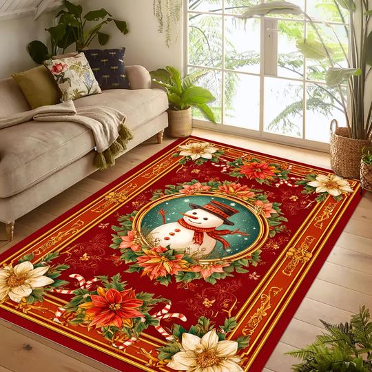 Christmas Snowman Rug: Red Gold Poinsettia Holiday Carpet, Festive Xmas Winter Home Living  Decor