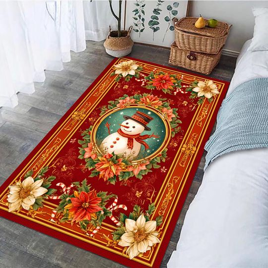 Christmas Snowman Rug: Red Gold Poinsettia Holiday Carpet, Festive Xmas Winter Home Living  Decor